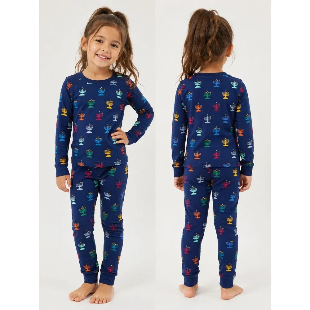 Hanna Andersson Hanukkah Pajama Set Kids Size 5/6/7 Navy Blue Menorah READ